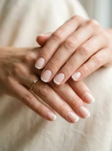 Short French tip nails with a milky nude base and bright white tips