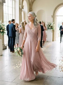 Alt Text: Flowing soft silhouette mother of the bride gown