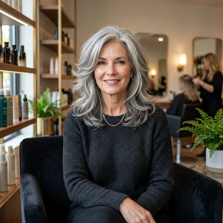 Alt Text: Woman over 50 with a voluminous modern shag haircut