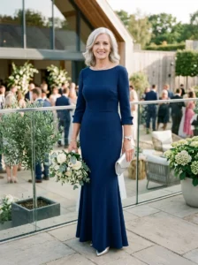 Alt Text: Fitted and structured modern mother of the bride dress