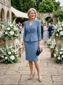 Alt Text: Fitted and structured modern mother of the bride dress