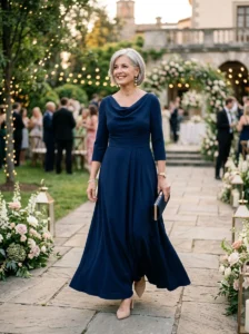 Alt Text: Modern elegant mother of the bride gown at a wedding