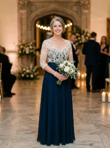 Alt Text: Modern V-neck mother of the bride dress
