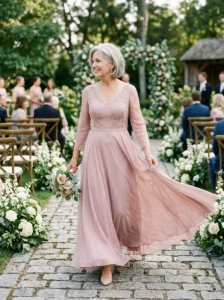 Alt Text: Flowing chiffon A-line gown for mother of the bride