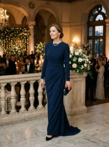 Alt Text: Sleek column gown for a modern mother of the bride look