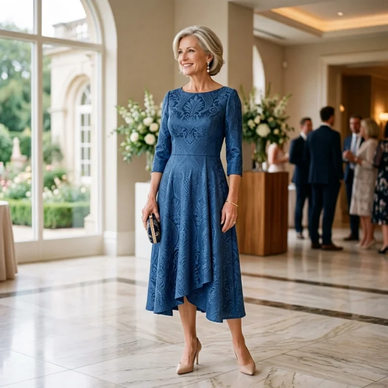Alt Text: Elegant modern mother of the bride dress in a sophisticated wedding venue