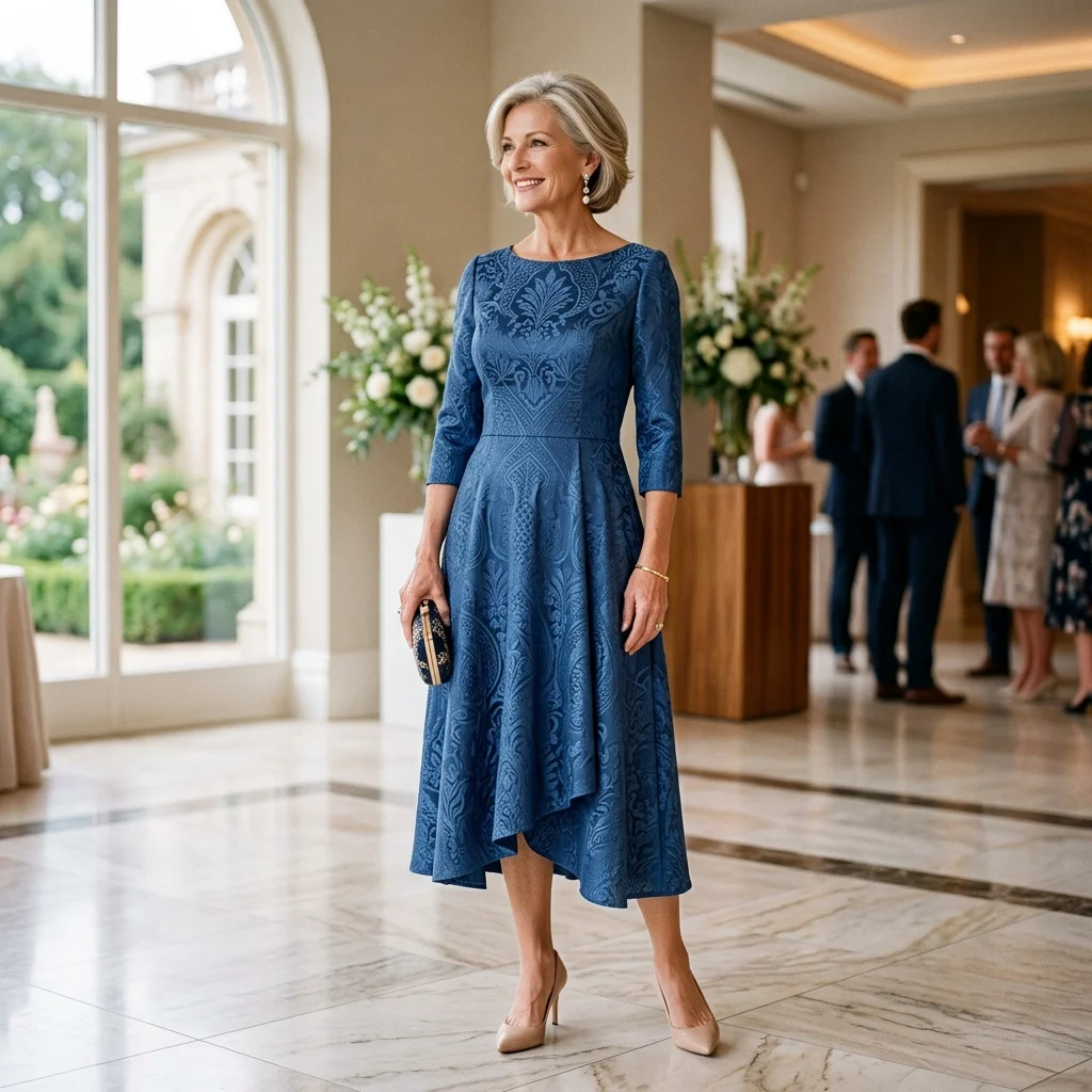 Alt Text: Elegant modern mother of the bride dress in a sophisticated wedding venue
