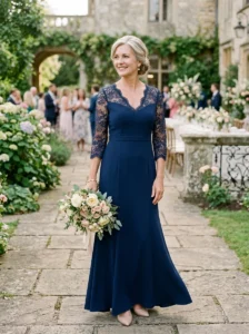 Alt Text: Modern sleeve and neckline details on a mother of the bride dress