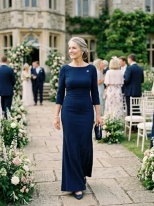 Alt Text: Modern mother of the bride dress with an elegant neckline and sleeves