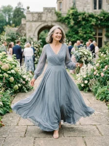 Alt Text: Modern tiered maxi dress with subtle shimmer for a wedding