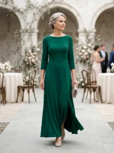 Alt Text: Deep navy or charcoal evening mother of the bride gown