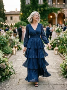 Alt Text: Tiered maxi dress with subtle shimmer for a modern wedding look