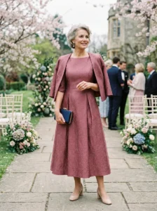Alt Text: Mother of the bride dress styled for the wedding season and formality