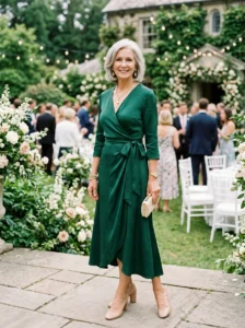 Alt Text: Flowing modern mother of the bride gown with a soft silhouette