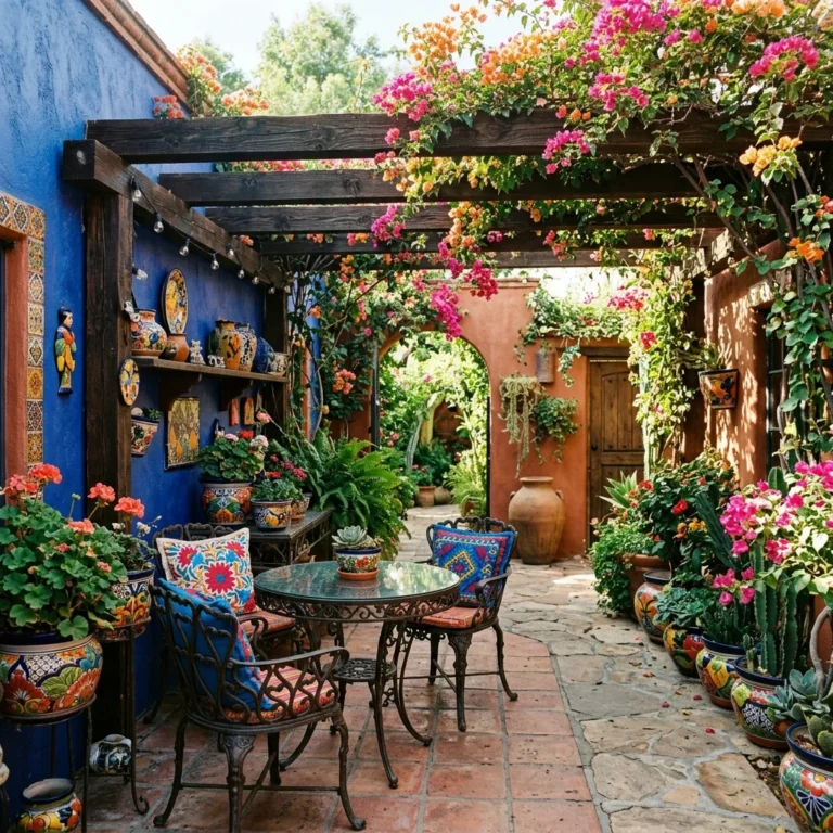 Alt Text: Colorful Mexican-inspired patio with Talavera tile, wrought iron furniture, and bougainvillea
