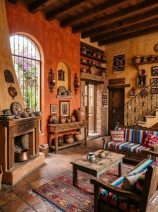 Traditional Mexican home interior featuring handcrafted materials, bold colors, natural wood, and wrought iron.