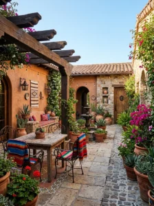 Alt Text: Mexican-inspired patio combining colorful handcrafted materials and natural textures