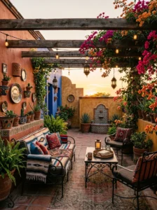 Alt Text: Mexican-inspired patio combining colorful tile, furniture, plants, and natural textures