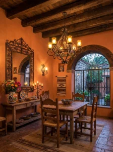 Traditional Mexican living room using rich terracotta, cobalt blue, ochre, and deep red colors.