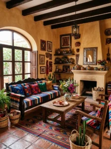 Embroidered Mexican textile accents featuring colorful floral and geometric patterns.
