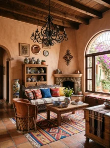 Cozy traditional Mexican home interior with colorful handcrafted decor and warm natural materials.
