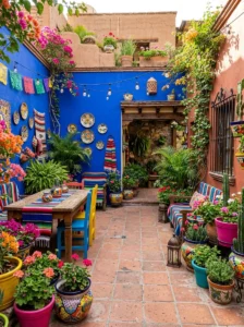 Alt Text: Bold colorful Mexican patio with vibrant painted accents and planters