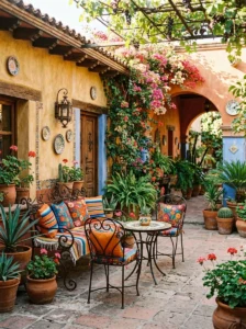 Alt Text: Brightly woven hammock creating a cozy Mexican patio corner