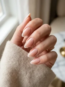 Almond nails with an ultra-thin white French tip line