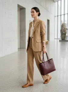 Polished outfit finished with a statement handbag, understated jewelry, and coordinated accessories