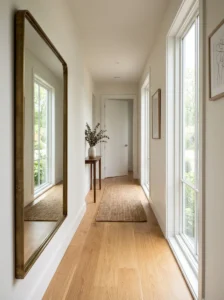 Large hallway mirror reflecting light to make a narrow space feel brighter and deeper.