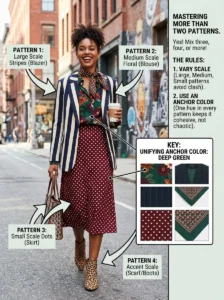 Alt Text: Woman confidently wearing a balanced mixed-print outfit