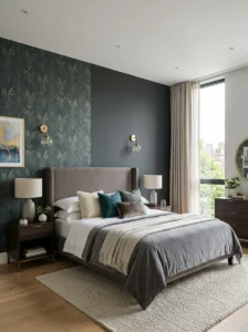 Alt Text: Multiple framed wallpaper panels arranged across a painted wall.