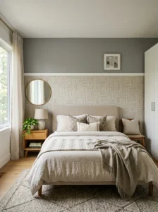 Alt Text: Modern bedroom with painted upper walls and wallpaper below.