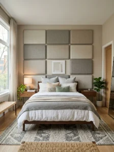 Alt Text: Wallpaper panel used as a DIY headboard.