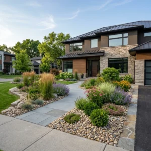 Alt Text: River rock landscaping providing a durable alternative to traditional mulch.