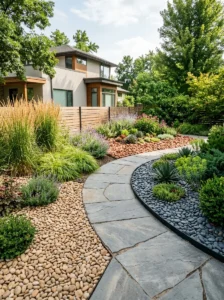 Alt Text: River rock landscaping combining borders, pathways, dry creek beds, and drought-tolerant planting.