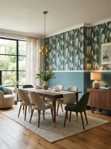 Alt Text: Modern interior with a balanced half wallpaper and half paint design.