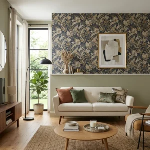 Alt Text: Half wallpaper half paint wall in a modern clean interior.