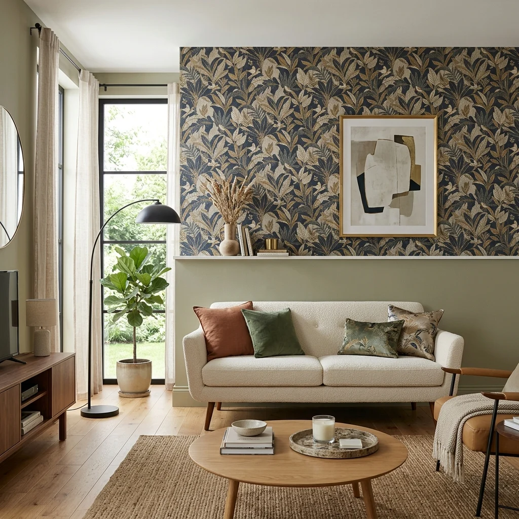 Alt Text: Half wallpaper half paint wall in a modern clean interior.