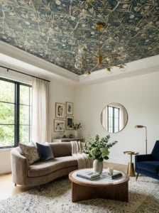 Alt Text: High-contrast wallpaper and paint combination in a modern room.