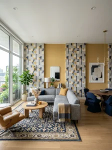 Alt Text: Wallpapered ceiling paired with clean painted walls.