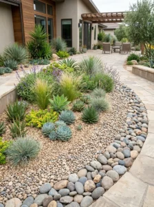 Alt Text: River rock accent areas highlighting focal plants in a landscaped yard.