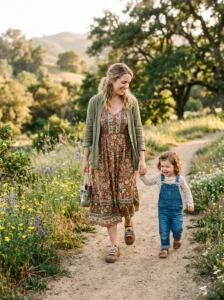 Alt Text: Mom wearing a practical boho outfit while spending an active day with her child