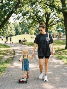 Mom wearing comfortable sporty clothing during a playdate at the park.