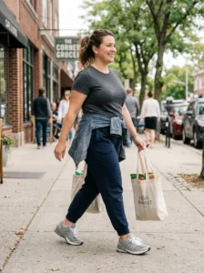 Alt Text: Plus size mom wearing a long cardigan over a comfortable stretch-knit outfit.