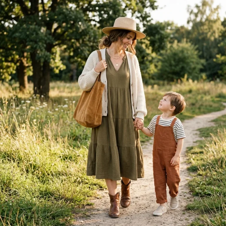 Alt Text: Stylish mom wearing a relaxed boho outfit outdoors with her child
