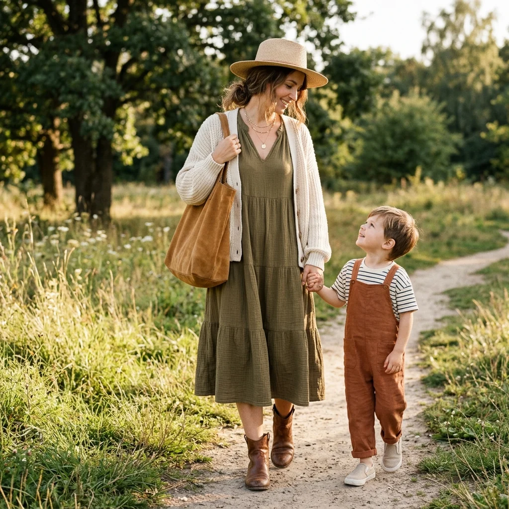 Alt Text: Stylish mom wearing a relaxed boho outfit outdoors with her child