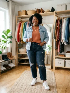 Alt Text: Plus size mom wearing a comfortable casual outfit at home.