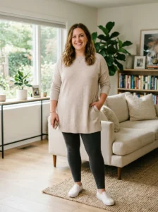 Alt Text: Plus size mom wearing high-waisted leggings with a longline tunic.