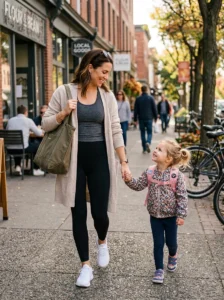 Mom wearing a crossbody belt bag with a sporty outfit.